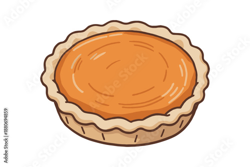 Illustration of a whole pumpkin pie with a golden crust in cartoon style on white background, representing traditional dessert concept