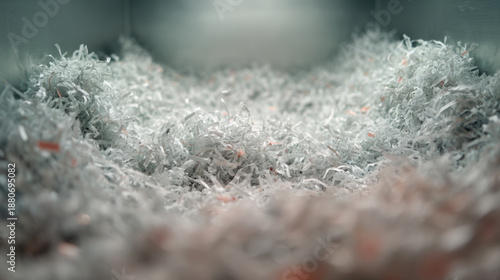 Shredded Paper for Data Privacy and Security Concept Close-up of White and Pink Document Waste in a Shredder Bin High Resolution Macro Shot for Business Information Protection and Office Recycling