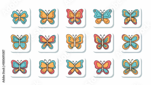 Flat lay of colorful butterfly stickers on white background with vibrant hues and playful design.