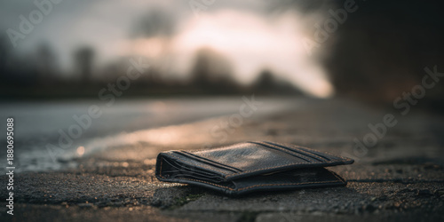 Lost Black Leather Wallet Lying on a Wet Pavement Road During Sunset, Abandoned Billfold on the Ground After Rainfall, Misplaced Financial Item on a Lonely Street, Dramatic Ground Level View