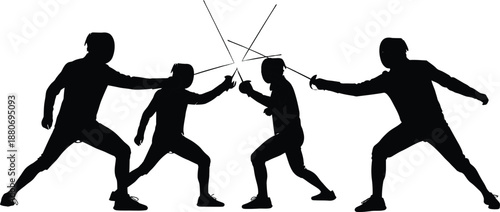 Fencers in silhouette clashing swords in a dynamic duel representing competition and sport isolated on white background