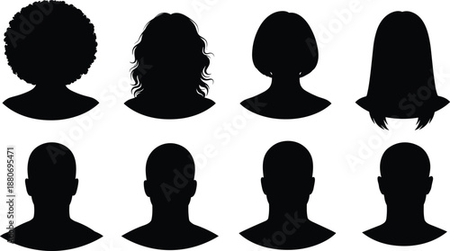 Collection of human head silhouettes avatars, male and female profiles with diverse hairstyles isolated on white background, anonymous identity icons for user profiles design