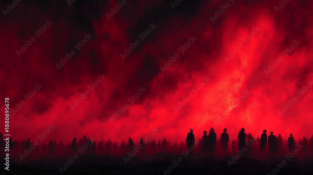 Obraz premium abstract crowd silhouetted against a dark red sky
