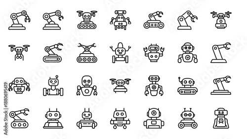 Collection of Various Robot Icons and Symbols.