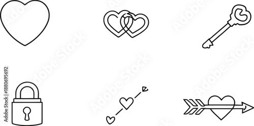 Romantic icons set with heart, interlocked hearts, key, padlock and arrows for love, affection and valentine themes