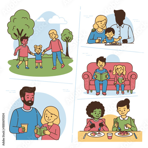 Diverse Family Moments and Relationships Illustrated.