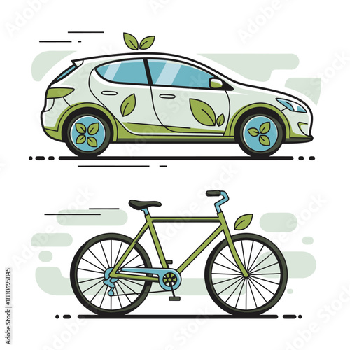 Eco Friendly Car and Bicycle Illustration.