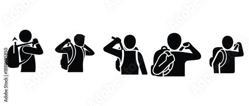  human adjusting backpack strap movement icon, one-arm upward pull motion, shoulder interaction movement, bold black solid vector