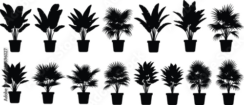 Collection of indoor potted plant silhouettes set, tropical and houseplant decor elements isolated on white background, botanical foliage, interior design, nature greenery vector illustration