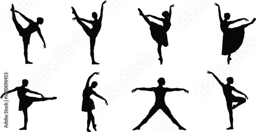 Graceful ballet dancer silhouettes set, professional ballerina poses in black, classical dance figures, artistic feminine movements, flexible athlete icons, vector illustration on white