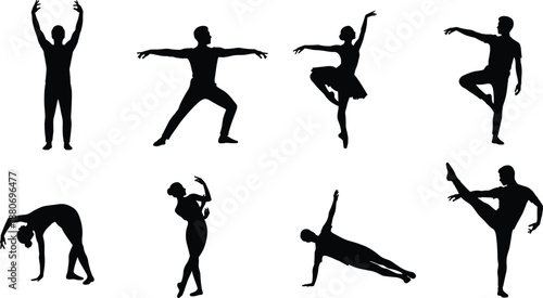 Graceful ballet and contemporary dancer silhouettes set, professional male and female figures practicing classical dance poses, athletic performance movements, vector illustration isolated on white