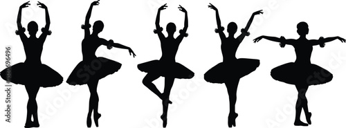 Graceful ballet dancer silhouettes set, professional female ballerinas in tutus performing classical dance poses, artistic stage performance figures, isolated vector illustration on white