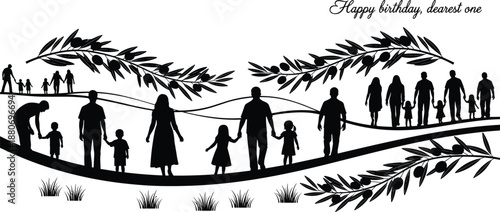 Happy birthday dearest one family silhouettes set, parents and children walking together, olive branch decoration, outdoor nature scene, greeting card vector illustration,