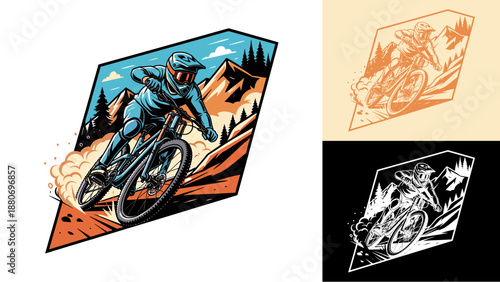 Dynamic illustration of a mountain biker racing downhill on a rugged trail with mountains and trees in the background, kicking up dust.