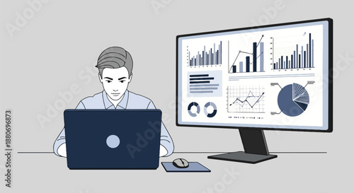 Man working on laptop with financial charts and graphs displayed on a large monitor