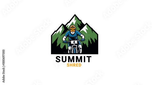 A vibrant logo featuring a mountain biker in front of green peaks, with 'SUMMIT SHRED' text below, symbolizing extreme outdoor sports and adventure.