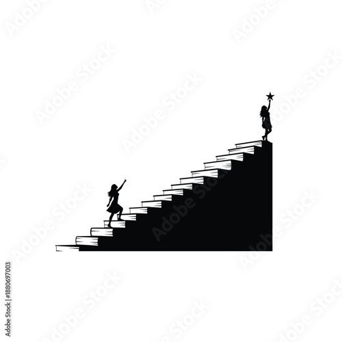 Two silhouetted girls climbing stairs towards a star
