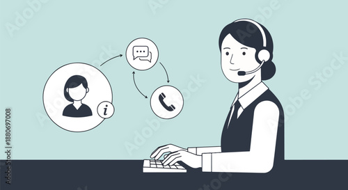 Customer service operator with headset and icons representing communication, support, and information on computer