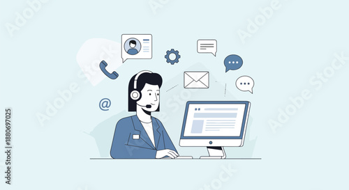Customer service representative wearing headset working on computer with communication icons around, illustration