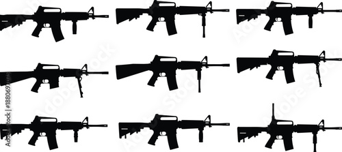 Collection of modern assault rifle silhouettes set, military and tactical firearms icons isolated on white background, weapon design, army equipment, security defense vector illustration
