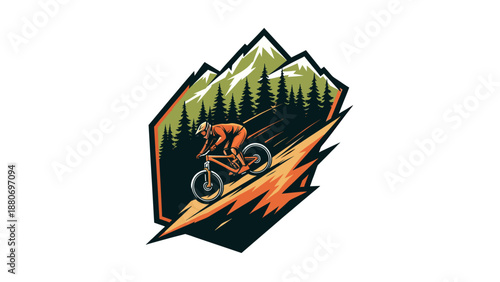 Dynamic illustration of a mountain biker descending a steep trail with majestic mountains and dense forest in the background, conveying speed and adventure.
