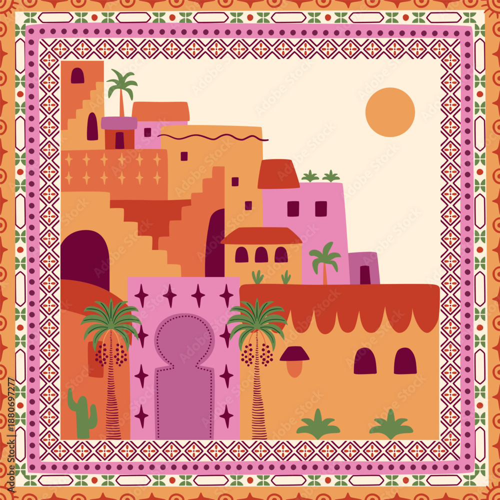 Naklejka premium Moroccan city travel square seamless pattern. Tropical scarf, tile design. Geometric Morocco travel print, palms, stripes with Arabic ornament. Summer vector textile design, fabric, textile, wallpaper