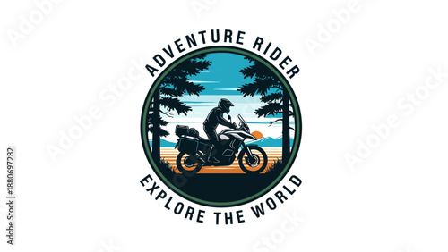 A circular logo featuring an adventure rider on a motorcycle exploring a natural landscape with trees under a blue sky, with text 'Adventure Rider' and 'Explore the World'.
