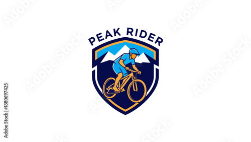 A vibrant logo featuring a cyclist riding a mountain bike with snow-capped peaks and a blue sky in the background, enclosed within a shield shape with "PEAK RIDER" text.