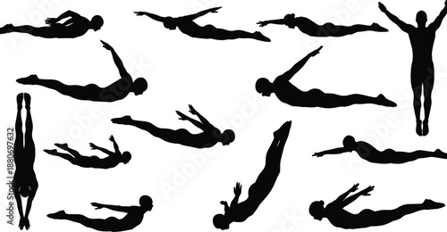 Collection of swimmer silhouettes set, male athlete diving and swimming positions isolated on white background, competitive sports, fitness training