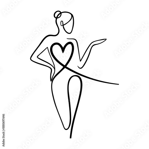 Dibujo de trazo único de mujer de pie con corazón para tarjetas y felicitaciones de San Valentín