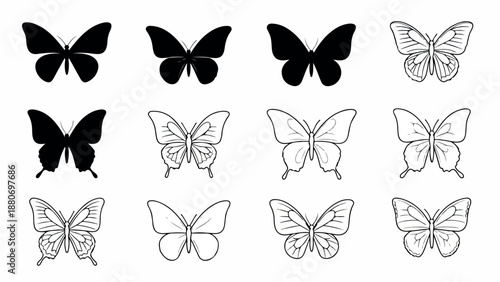 Collection of black and white butterfly icons in various shades and line styles on a plain white background.