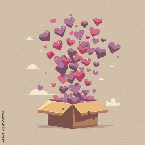 Open gift box releasing floating hearts representing love surprise romance celebration and emotional generosity