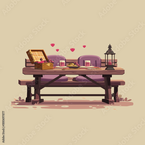 Romantic picnic table prepared for two with basket drinks and hearts creating a loving date scene