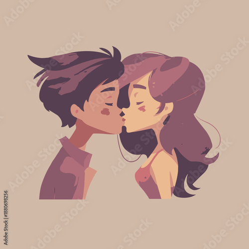Close up romantic illustration of couple kissing with soft pastel colors