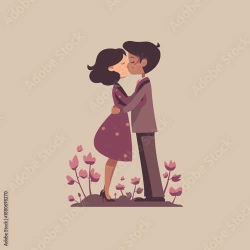 Minimal romantic illustration of a couple gently kissing surrounded by small flowers on a soft background