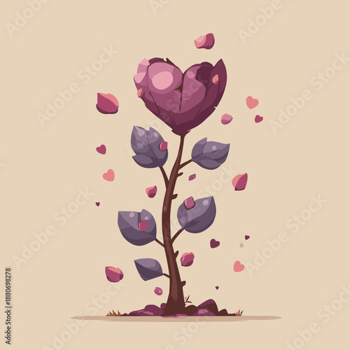 Heart shaped flower growing with falling petals in soft romantic illustration symbolizing love and growth