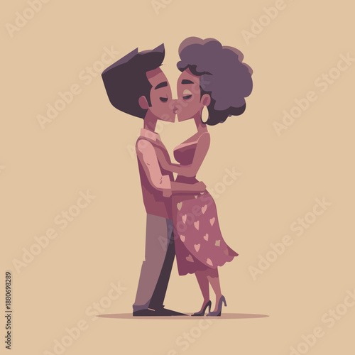 Cute cartoon couple kissing and hugging in simple romantic illustration with soft warm colors