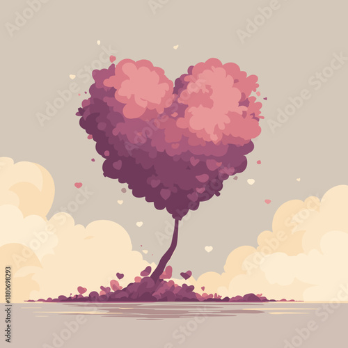 Romantic heart shaped tree floating above water with soft clouds and falling petals in dreamy pastel illustration