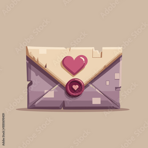 Cute love letter envelope with heart seal in soft pastel colors, flat illustration style, romantic symbol for valentines day, wedding, or heartfelt message design