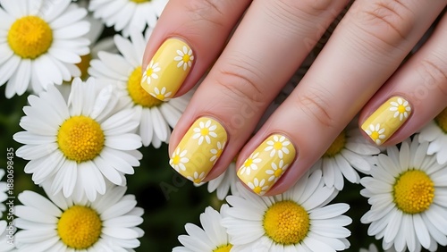 Elegant daisy-inspired nail art amidst white daisies illustration
