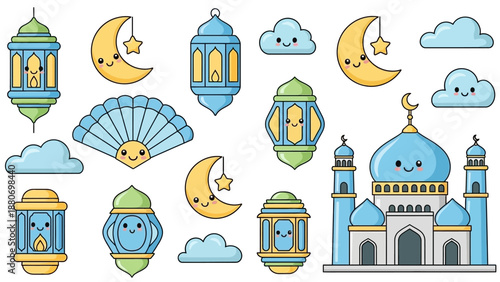 Cute Ramadan Islamic Elements: Mosque, Moon, Lanterns, Clouds, Fan