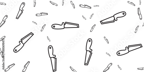 A chaotic yet artistic pattern of kitchen knives on a white background