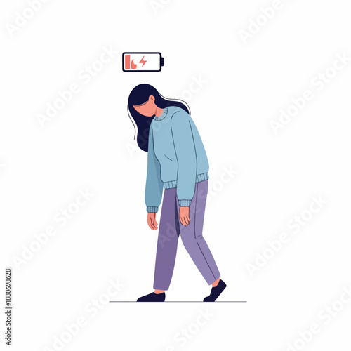 Illustration of a young woman with her head down, walking with a low battery symbol above her on a white background.