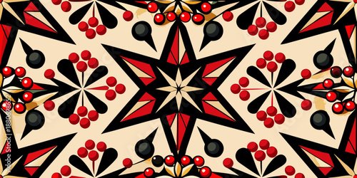 Seamless ethnic border pattern with geometric floral and star motifs in red and black