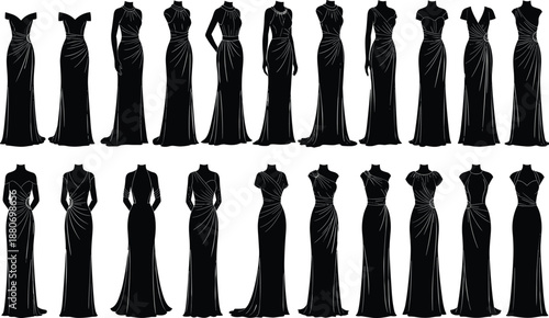 Elegant evening gown silhouettes collection, women formal long dress designs, fashion apparel vector illustration set, luxury party wear outlines, isolated on white