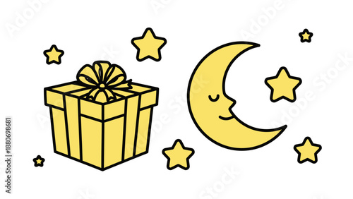 Cute sleepy moon and gift box with stars, simple doodle illustration