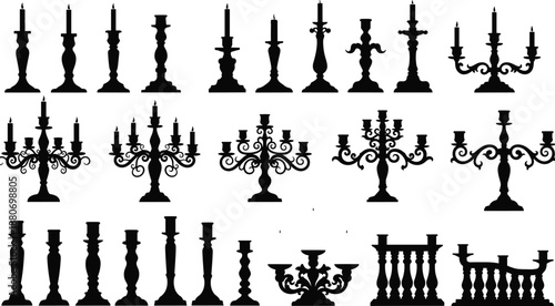 Collection of vintage candle holder and candelabra silhouettes, classic ornate decor elements isolated on white background, antique lighting design, gothic baroque style vector illustration