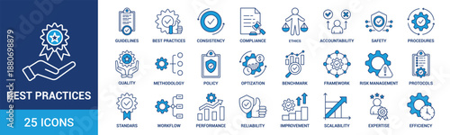 Best Practices icon set. Containing guidelines, consistency, compliance, ethics, accountability, safety, procedures, quality and more. Blue vector icons collection.