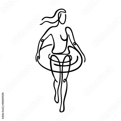 Vacaciones de verano. Dibujo sencillo de mujer en bikini de pie en una piscina o el mar con flotador inflable con líneas