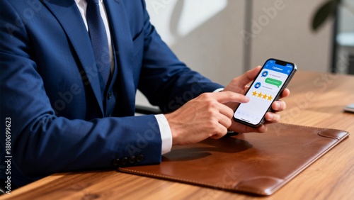 Businessman using phone for customer feedback